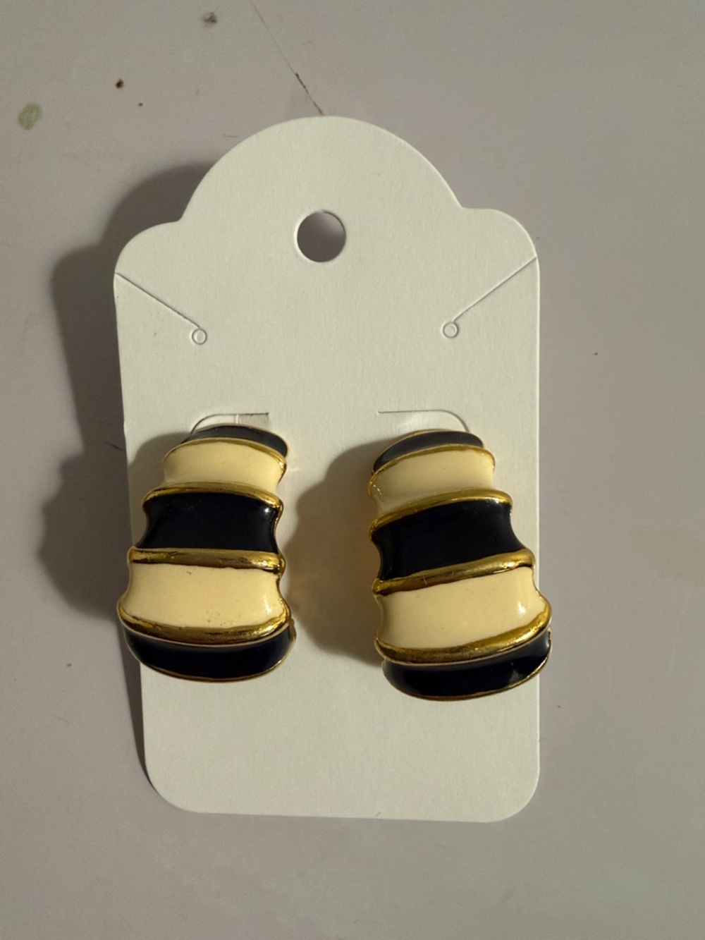 Chunky Navy Blue and Cream Enamel Clip-On Earrings